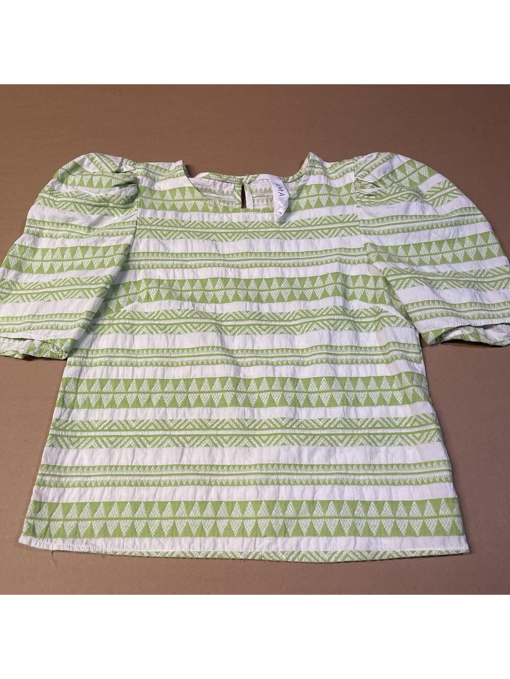 Amadi Anthropologie Green White Puff Sleeve Top XS Cotton